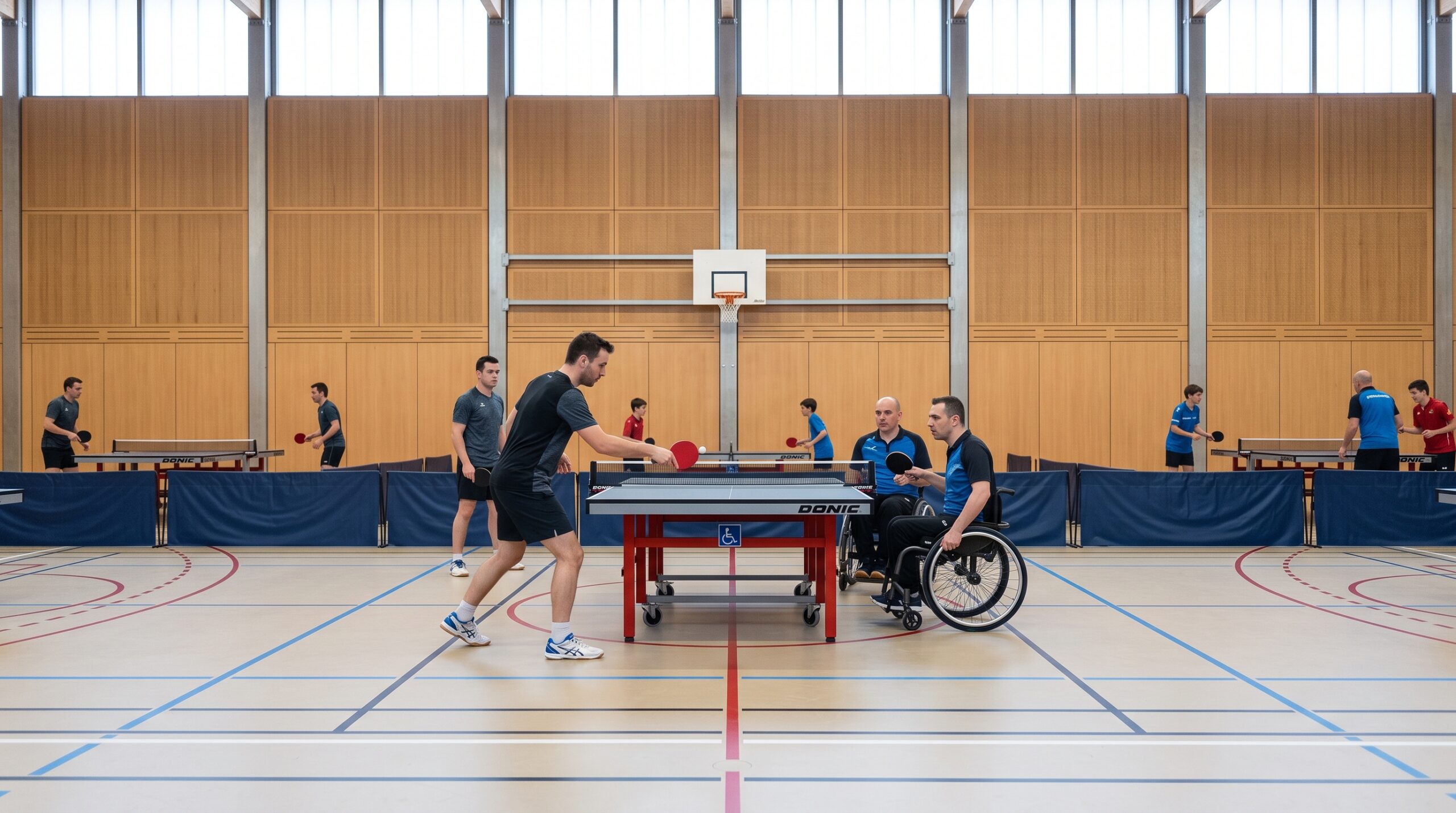 Séance inclusive de tennis de table au Gymnase Jo Schlesser de Malzéville avec joueurs debout et en fauteuil roulant, sur table adaptée." title="MASC Tennis de Table - Entraînement Inclusif à Malzéville